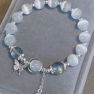 Grey Moonstone & Natural Cat Eye Crystal Beaded Bracelet with Butterfly Charm